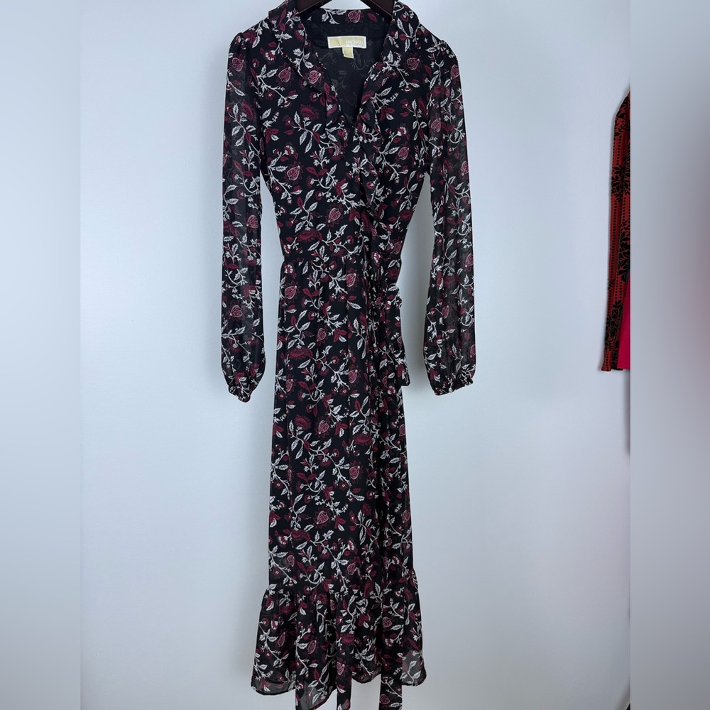 Michael Kors Black Floral Wrap Maxi Dress with Burgundy Accents